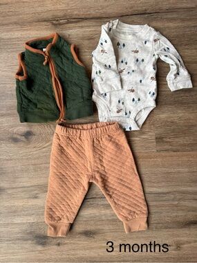 Carter's Green Vest, Cream Bodysuit with Tree Print & Tan Quilted Pants
